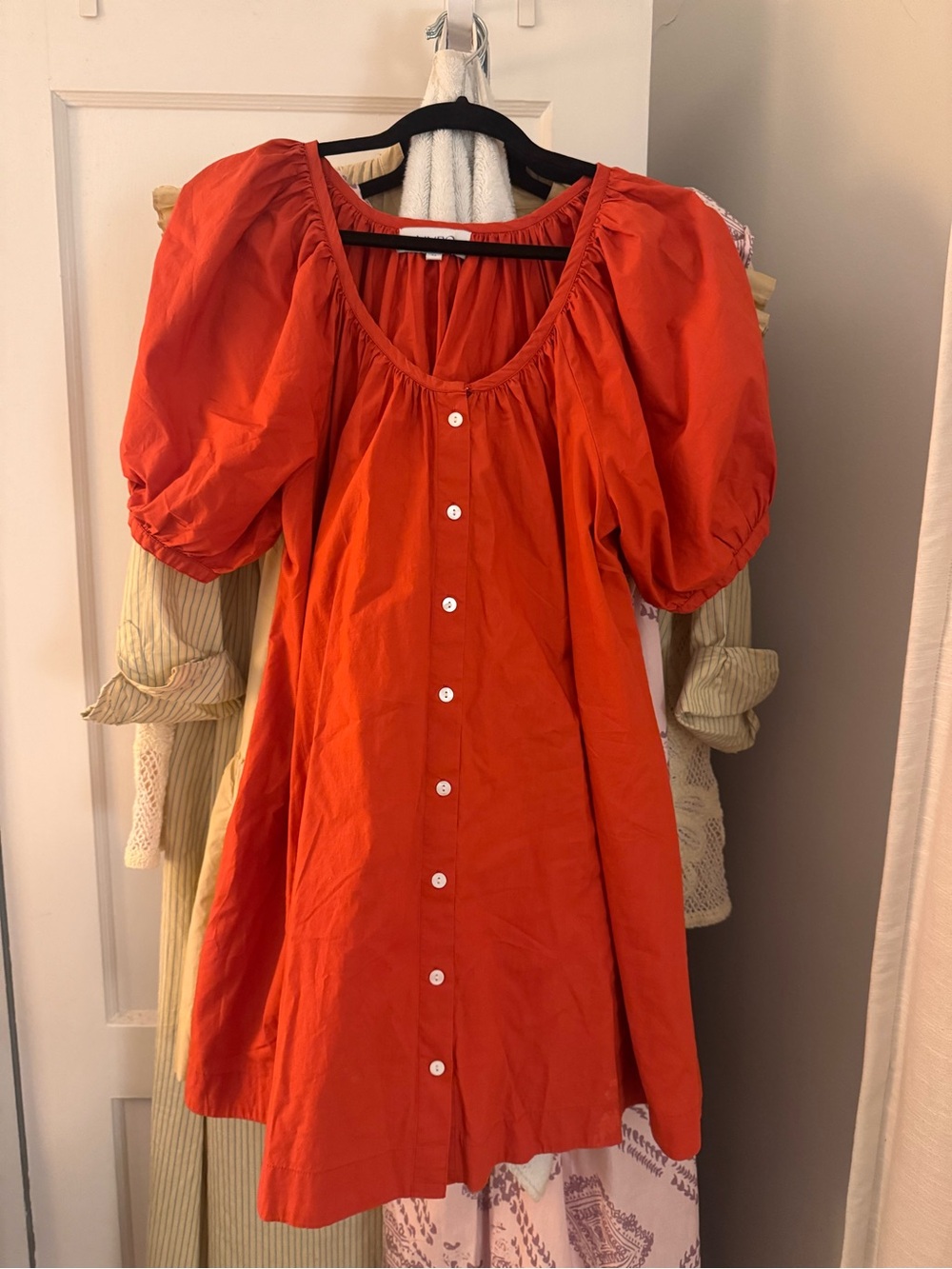 Red Puff-Sleeve Mini Dress with Button Front